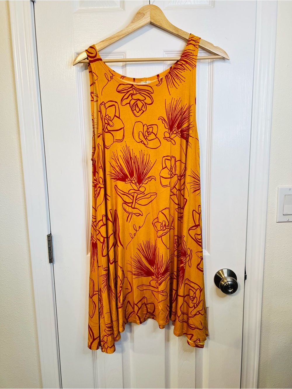 Sleeveless Floral Midi Dress in Mustard with Burnt Orange Print